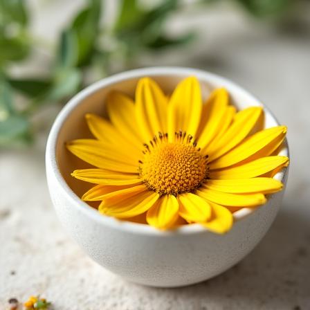 Fresh yellow Arnica flowers in a ceramic bowl