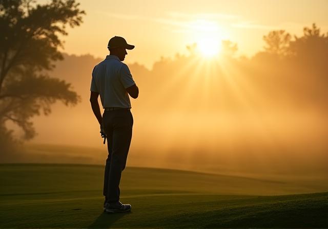 A golfer focusing intensely on a putt