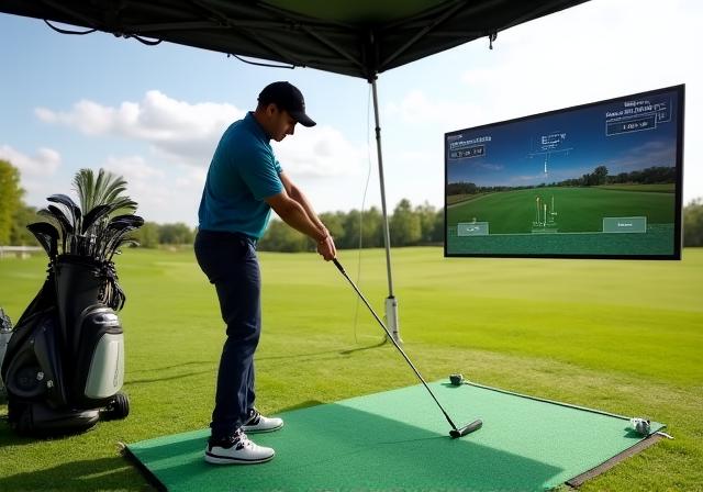 Golf instructor using Trackman technology for a lesson