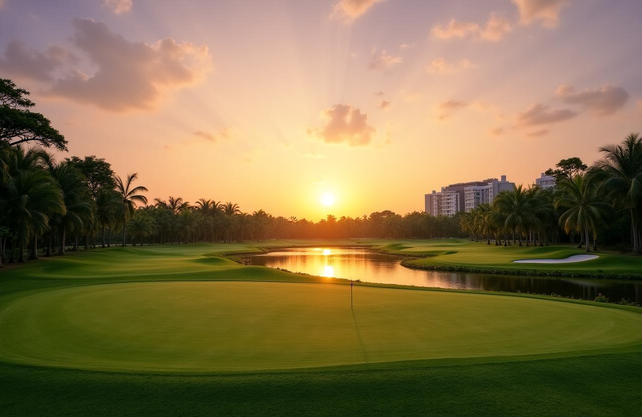 Panoramic view of SageSwing championship golf course at sunset