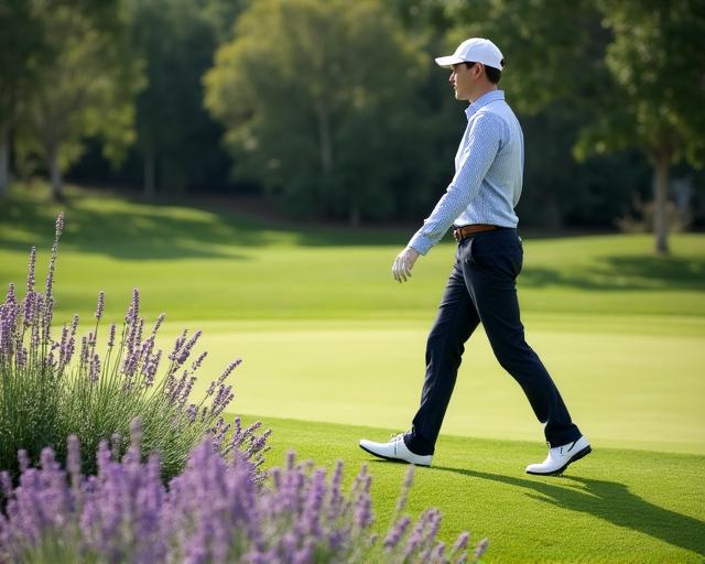 Golfers walking through a fragrant herb garden bordering the green