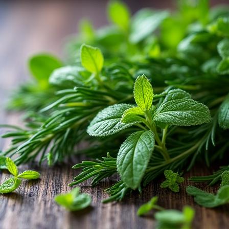 Fresh sprigs of rosemary and peppermint leaves on a wooden surface