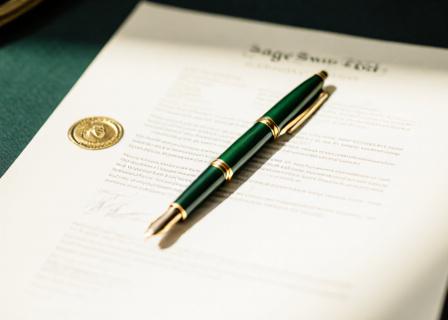 Close up of a premium fountain pen on an etched document